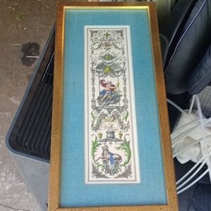 Vintage Framed Vertical Embroidered Panel in Aqua and Gold